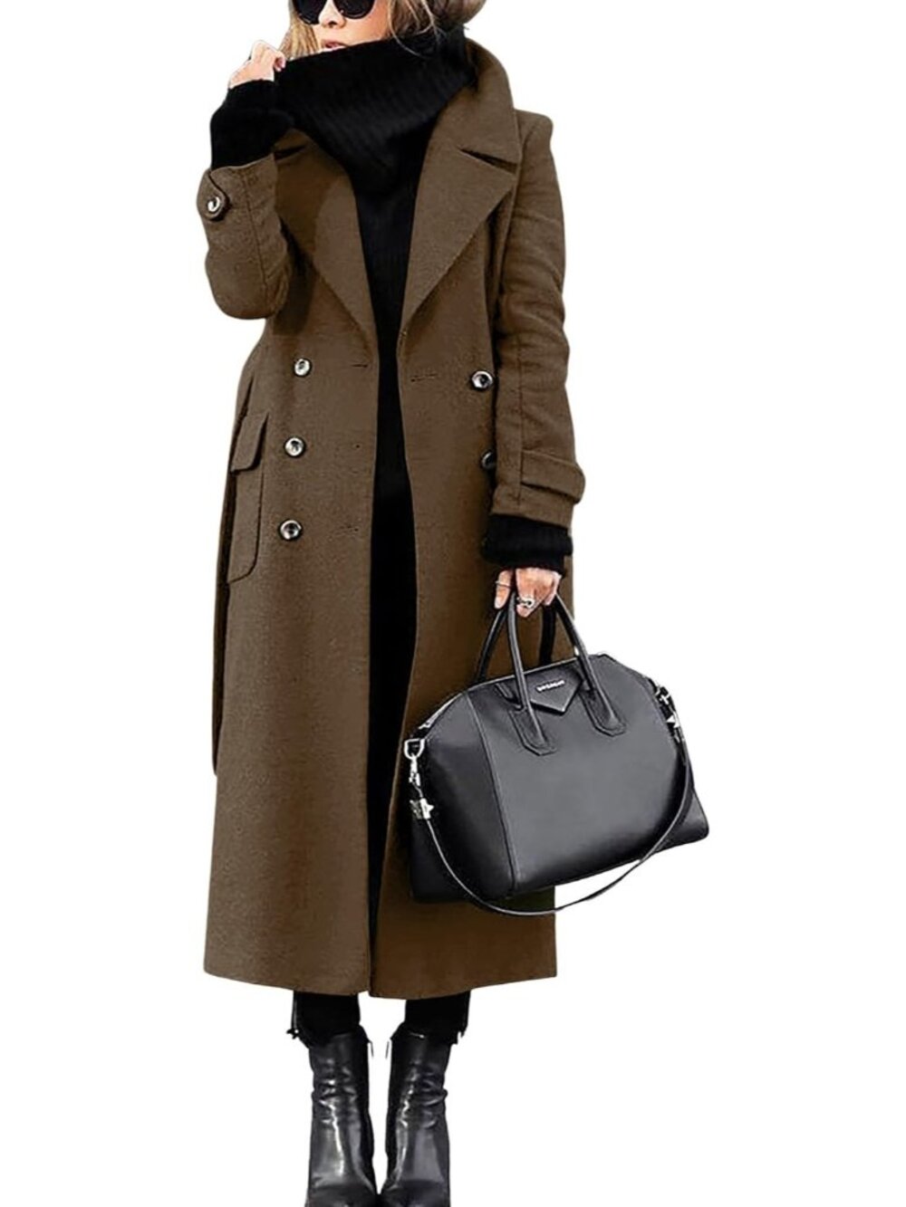 Women's Brown Casual Double Breasted Wool Business Long Winter Belt Pea Coat